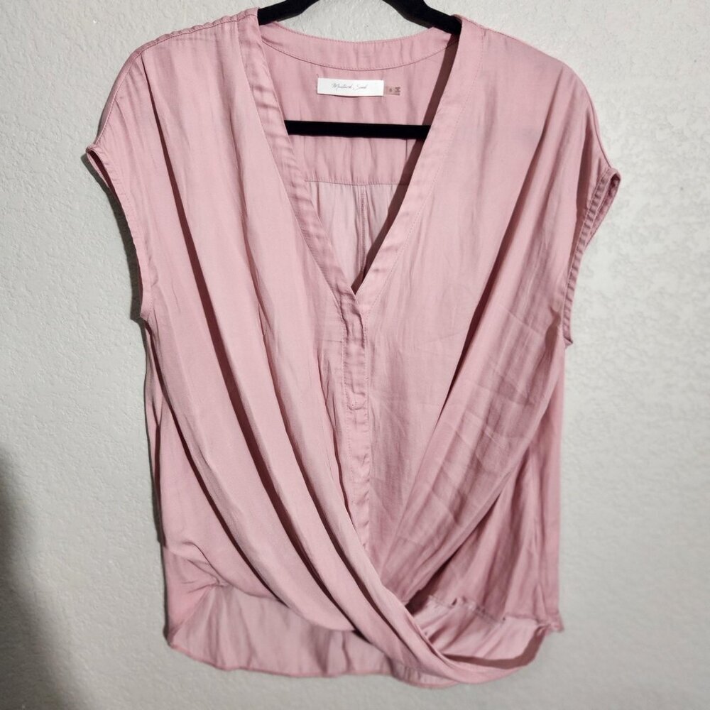 Mustard Seed Blouse Womens Small Pink Surplice wrap  V Neck Short Sleeve FLAWS